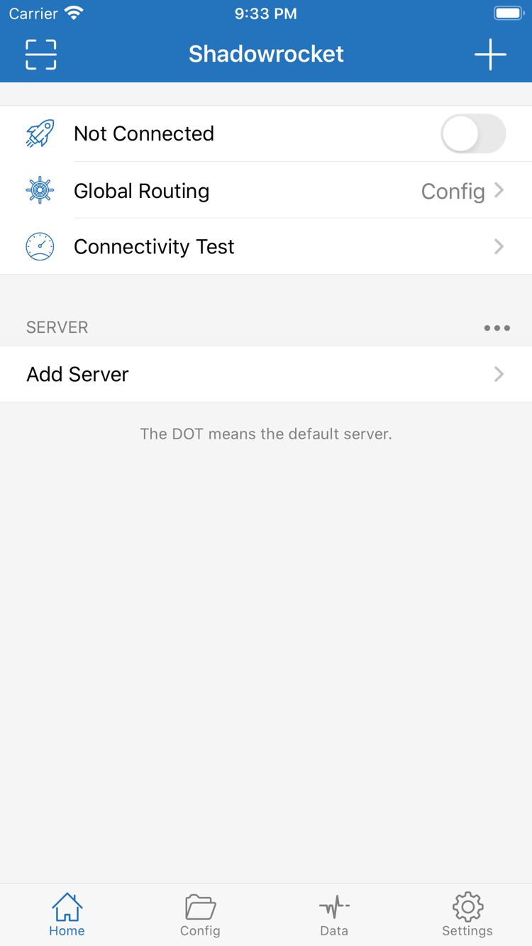 Official Shadowrocket Home screenshot showing the connection switch, Global Routing, Connectivity Test and Add Server
